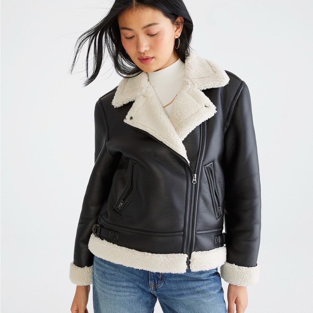 Aeropostale Black and Cream Leather Jacket